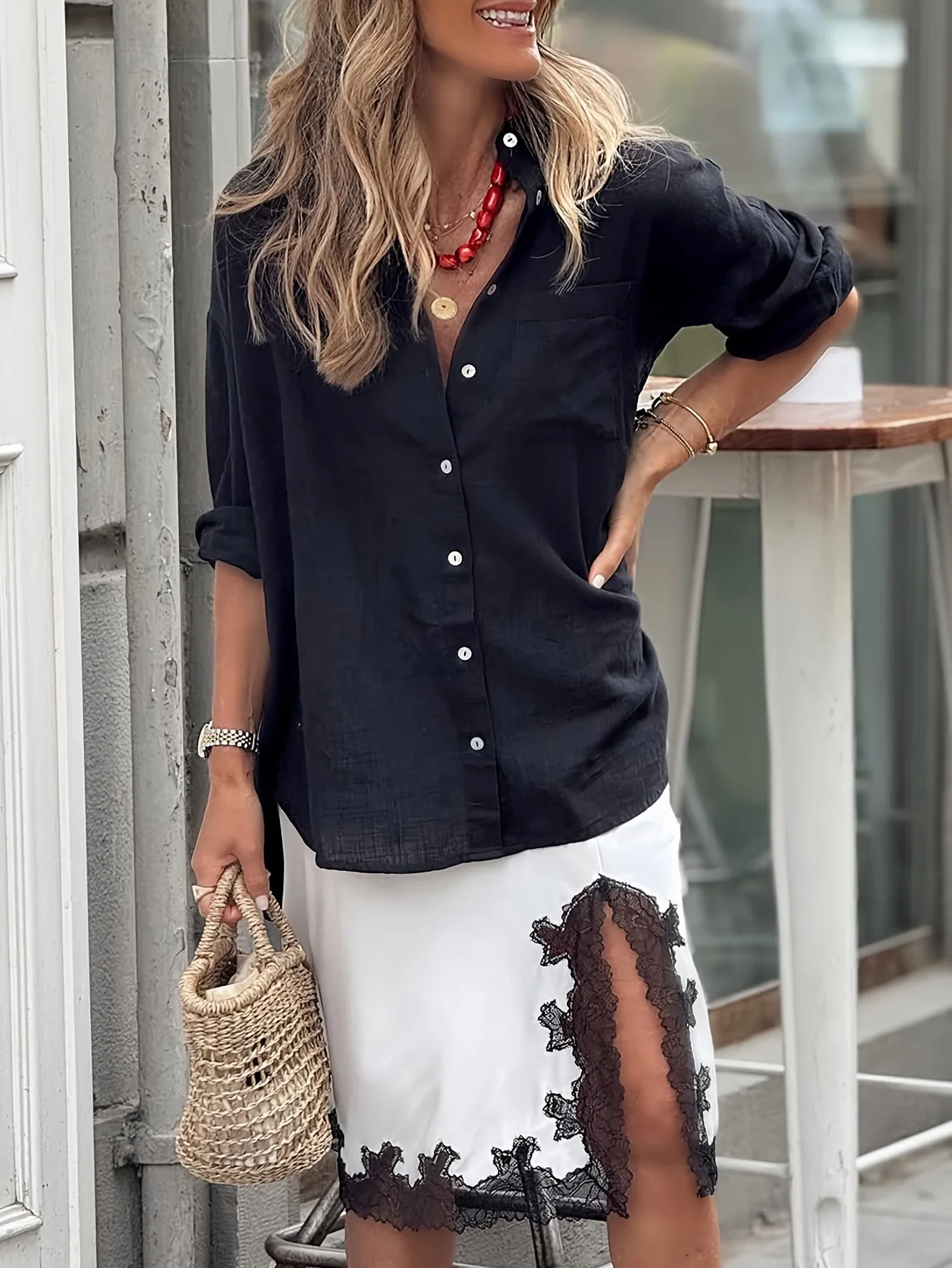 

Европейская и американская женская легкая однобортная повседневная и элегантная рубашка с длинными рукавами, однотонная рубашка для весеннего и лета, пляжный отдых, топ