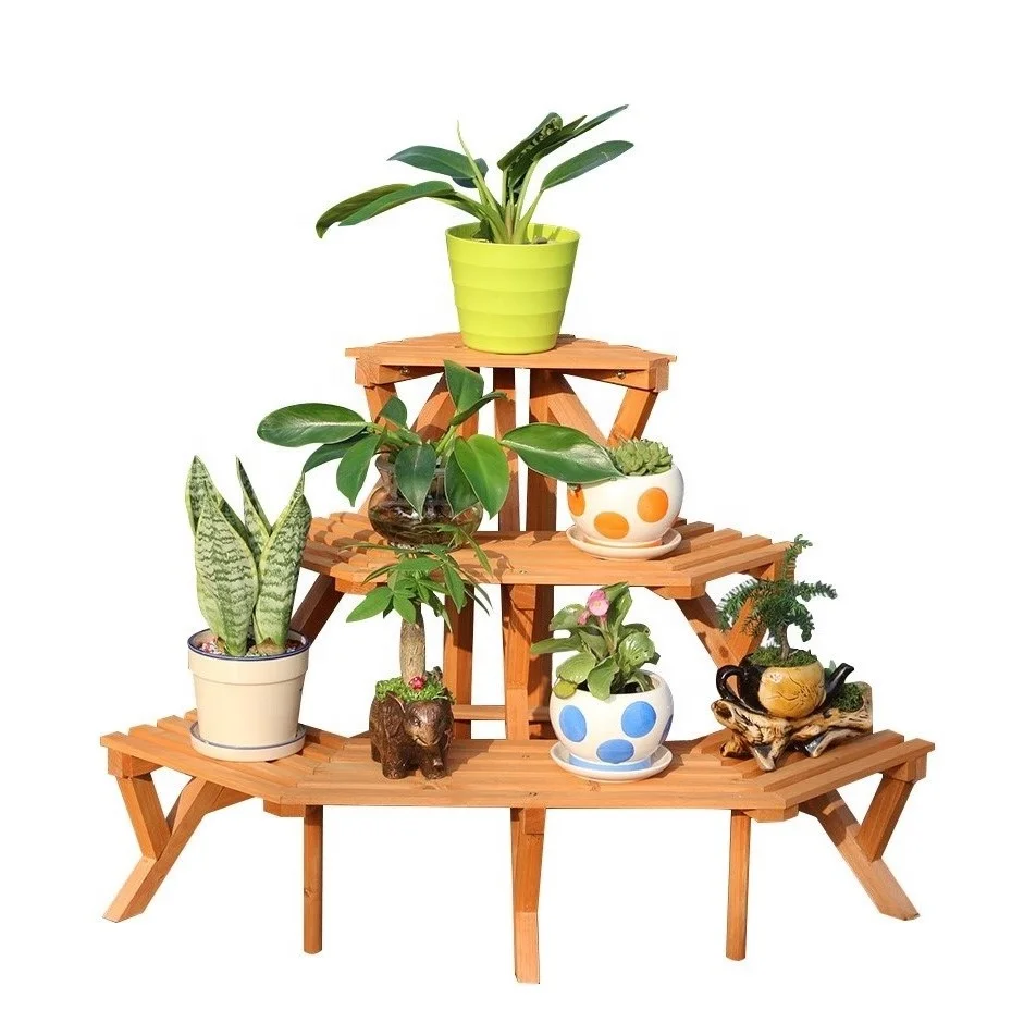 Eco Friendly Tall Plant Holder Stand Garden Wood 3 Tier Plant Stand