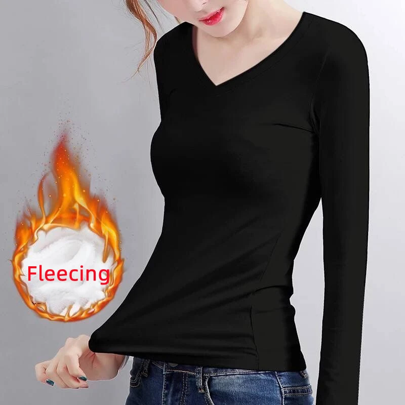 Roupa interior térmica feminina camisa de fundo velo inverno fino básico manga comprida camiseta fina veludo fibra de aquecimento recortado topos