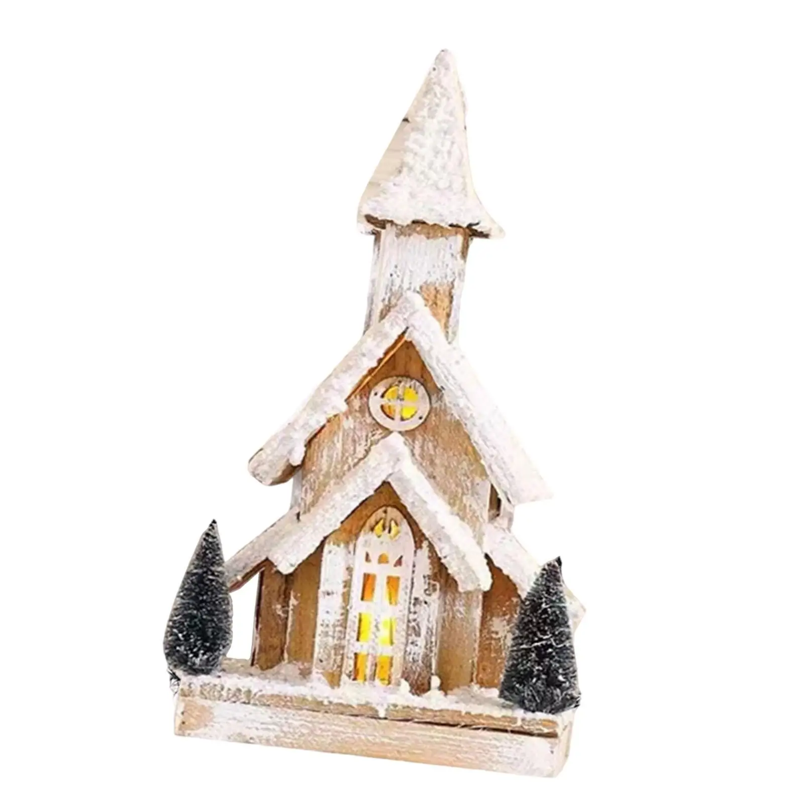 Wood Christmas Snow Church House with Warm Light 40x19cm for Office Desktop