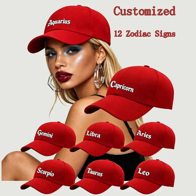 12 Zodiac Signs Baseball Cap, Print Red Dad Hat, Adjustable Unisex Casual Hat, Ideal Festival Party Daily Accessory ‑Lover Gift