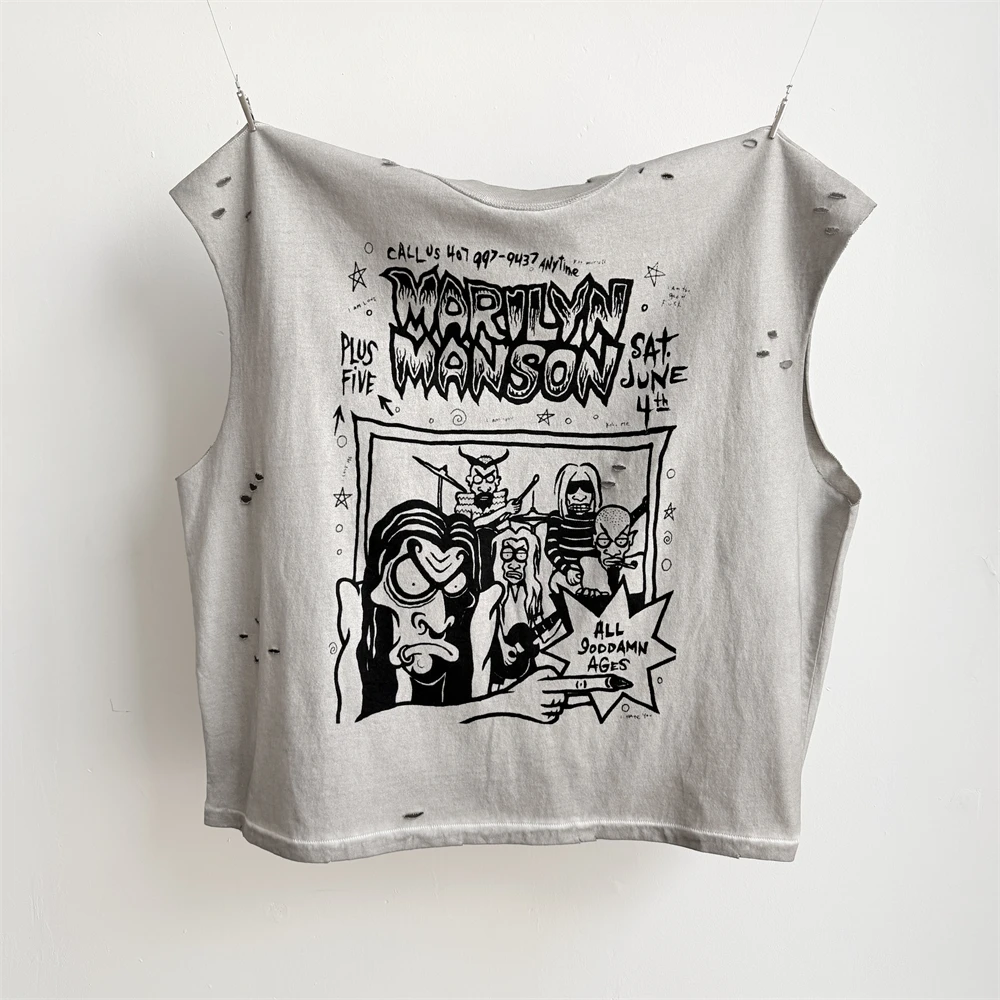 27ss Washed Saint Marilyn Manson Hole Sleeveless Vintage T-Shirts Best Quality T Shirt Tee Tops