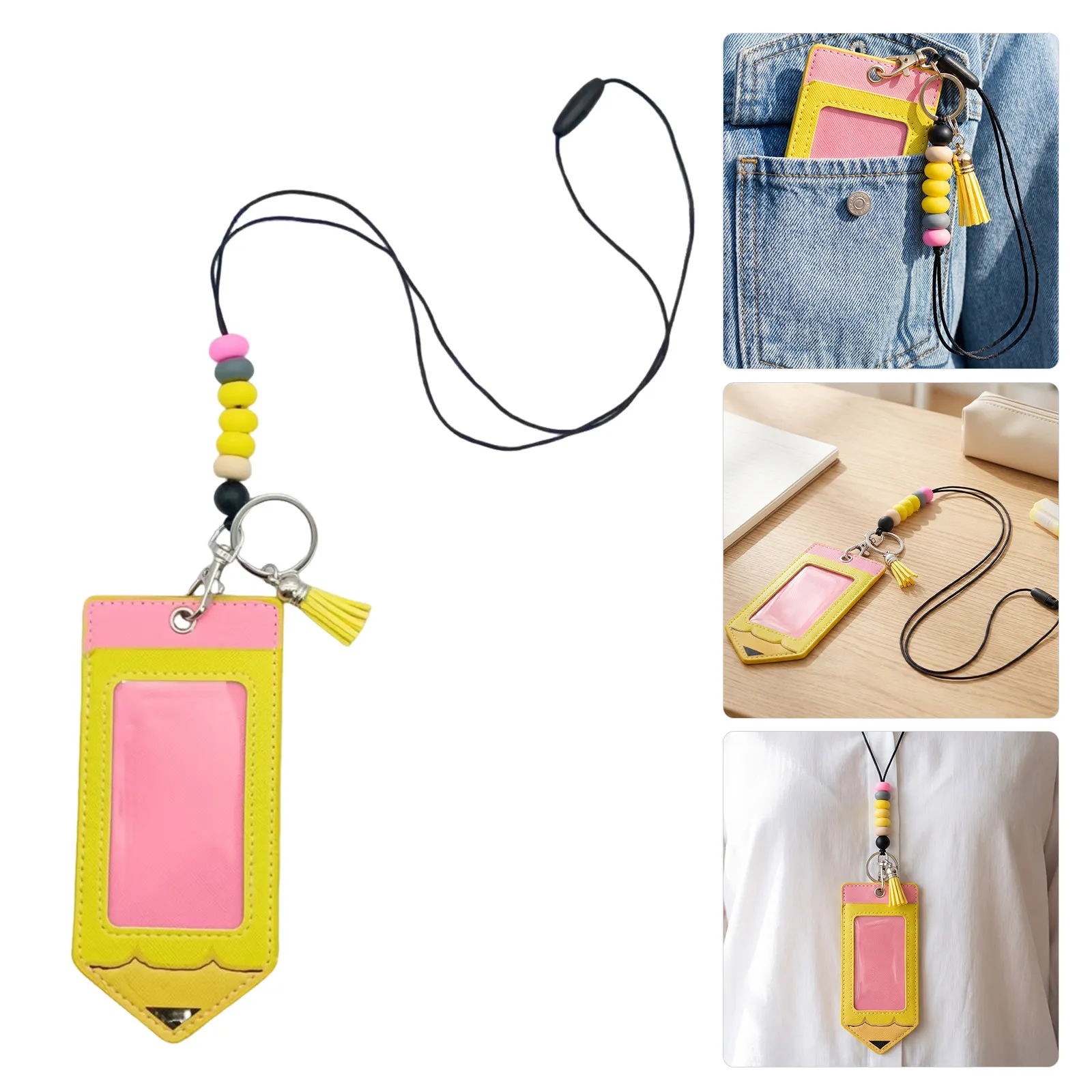 Silicone Work Badge Holder Colorful Pencil Pattern Teacher Lanyard Beaded Breakaway Soft Comfortable School Id Badge Holder