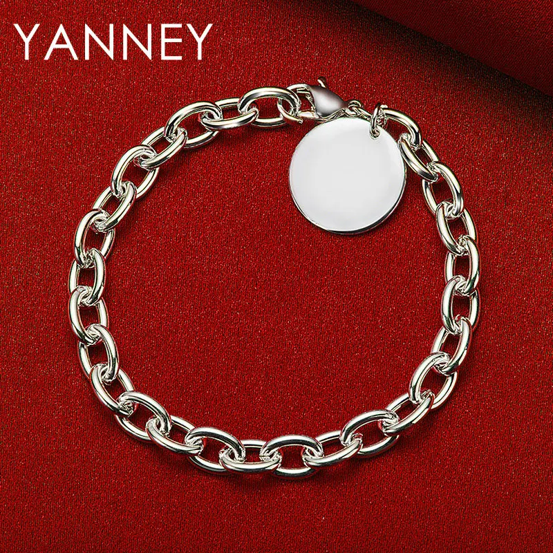 

925 Sterling Silver 8 Inches Smooth Round Pendant Bracelet For Women Men Party Fashion Charm Jewelry Gifts