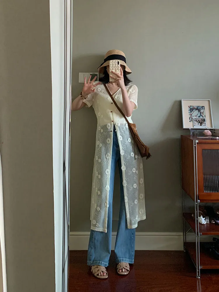 

Женская свободная блузка-кардиган Ele Long с кружевом, V-образным вырезом, вышивкой, из дышащего полиэстера, повседневная, с коротким рукавом