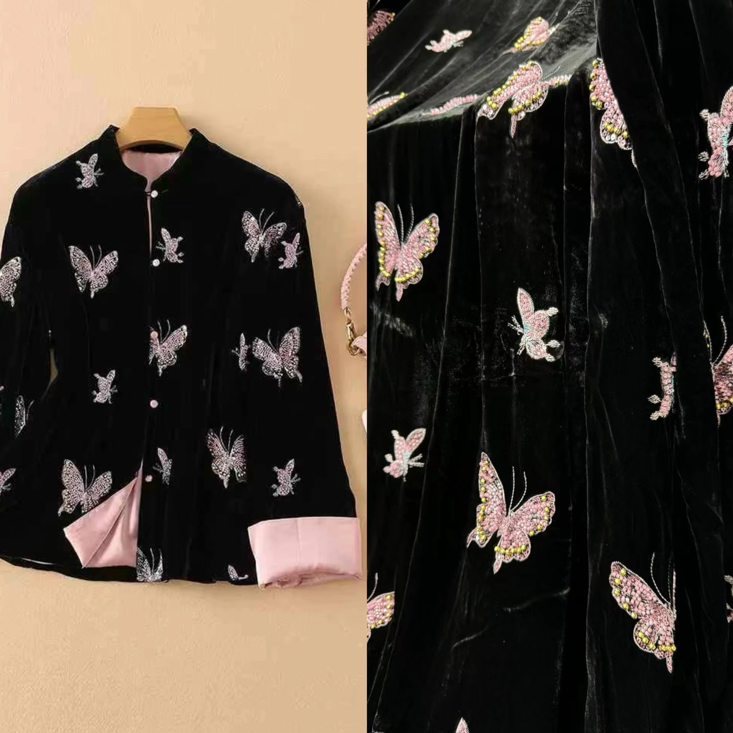 

Шелковая бархатная ткань с вышивкой бисером бабочки, черная осенне-зимняя новая жилетка в китайском стиле, шелковая бархатная ткань