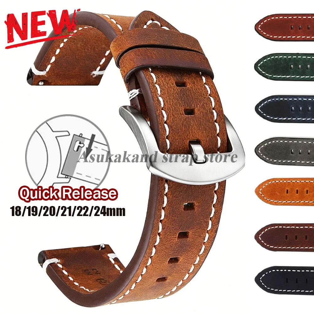 Bracelet en cuir Vintage à dégagement rapide, 18mm, 19mm, 20mm, 21mm, 22mm, 24mm, pour montre Seiko, accessoires universels pour hommes et femmes