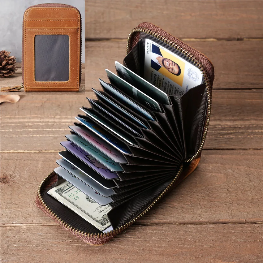 

Vintage Men's Wallet Genuine Leather Credit Card Holder Secure Multi-Card Slots Zipper High Quality Coin Purse