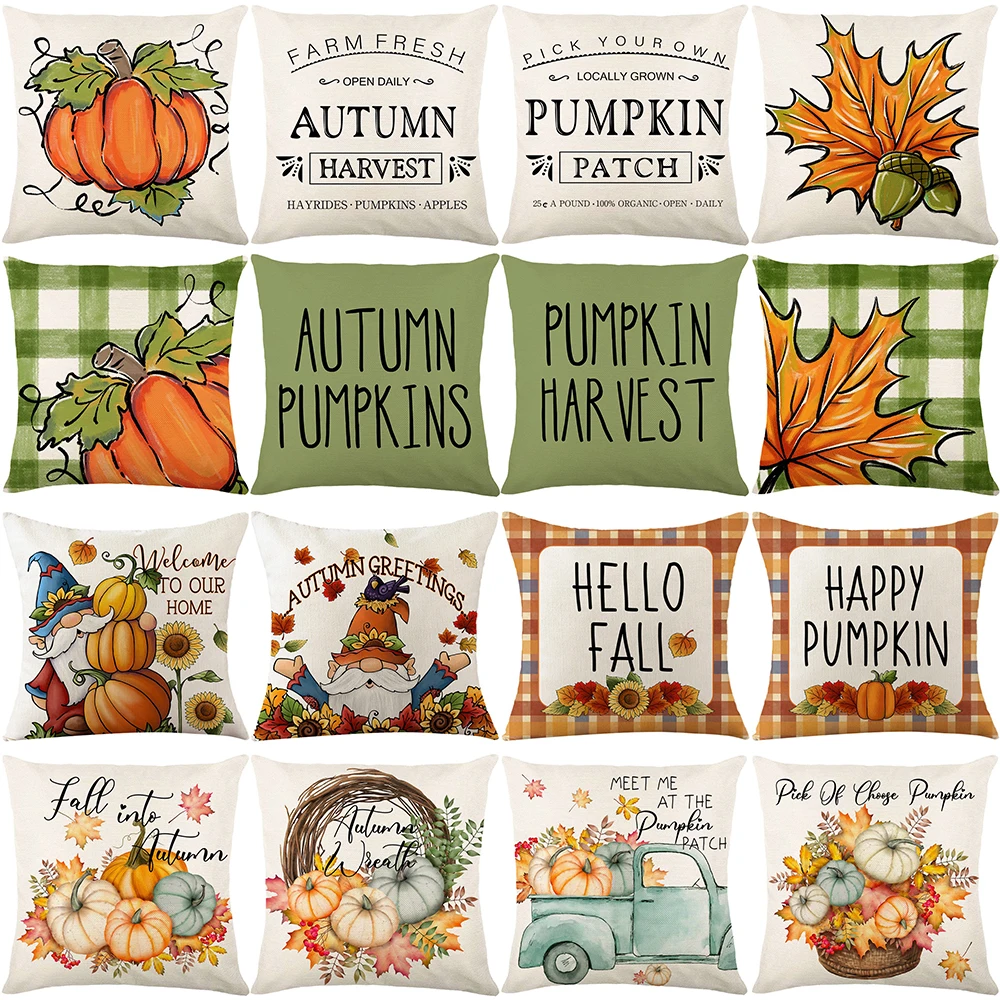 

Fall Thanksgiving Cushion Cover 45x45cm Cotton Linen Pillow Cover Dwarfs Pumpkin Plaid Pillow Case Autumn Home Decor Pillowcases