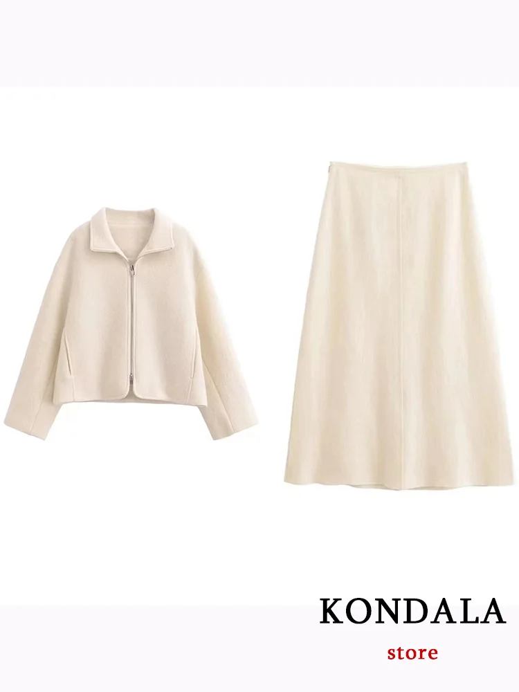 KONDALA Casual Vintage Chic Solid Women Suit Turn-down Collar Zipper Short Jackets Loose Skirt Fashion 2024 Autumn Winter Sets