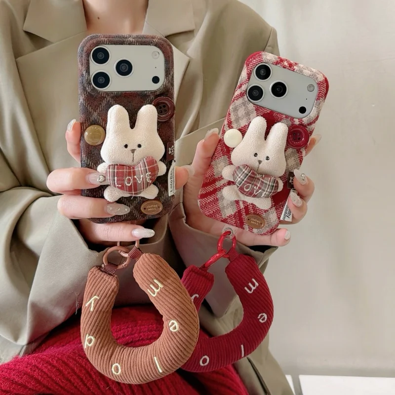 

Cute 3D Rabbit Plush Plaid Pattern Phone Case For iPhone 17 Pro 14 15 16 13 Pro Max Protective Cover with Hand Starp Cartoon Cas