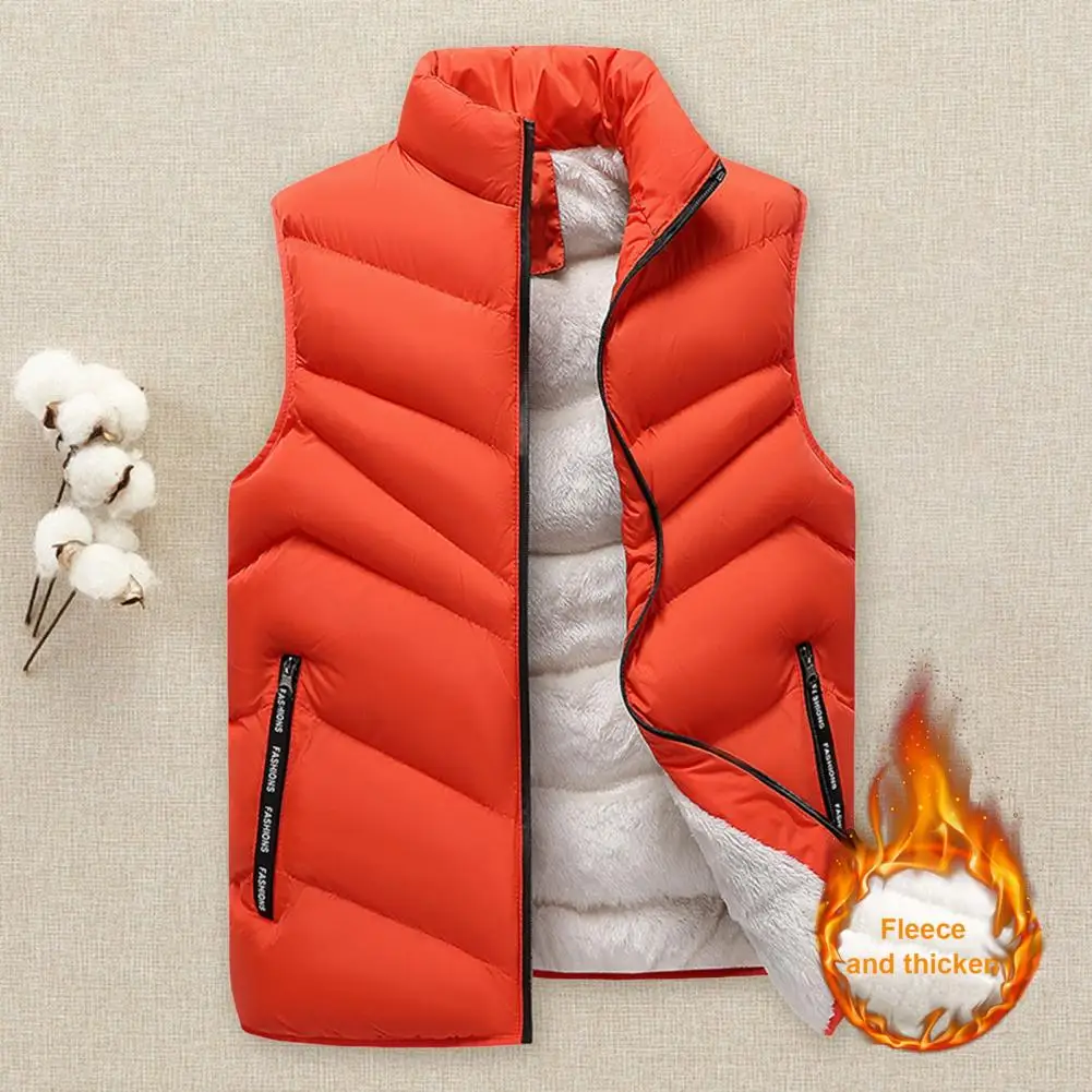 

Men Waistcoat Stand Collar Cotton Vest Coat with Pockets Elastic Drawstring Hem Zipper Placket Plush Lining Vest Outwear