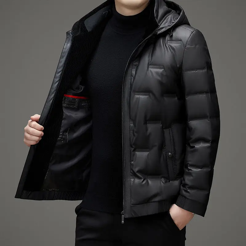 Genuine Sheepskin Jacket Men Real Leather Down Jacket Men Puffer Jacket Male Winter Natural Leather Down Coat Man Hooded Black