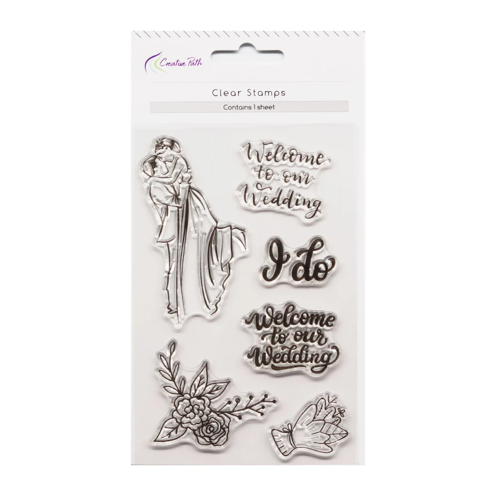 Creatieve stempels voor bruiloften, gemaakt van transparant siliconen, met de tekst: 'Welkom bij onze bruiloft'. Herbruikbare, transparante acryl stempels voor scrapbooking en knutselprojecten.