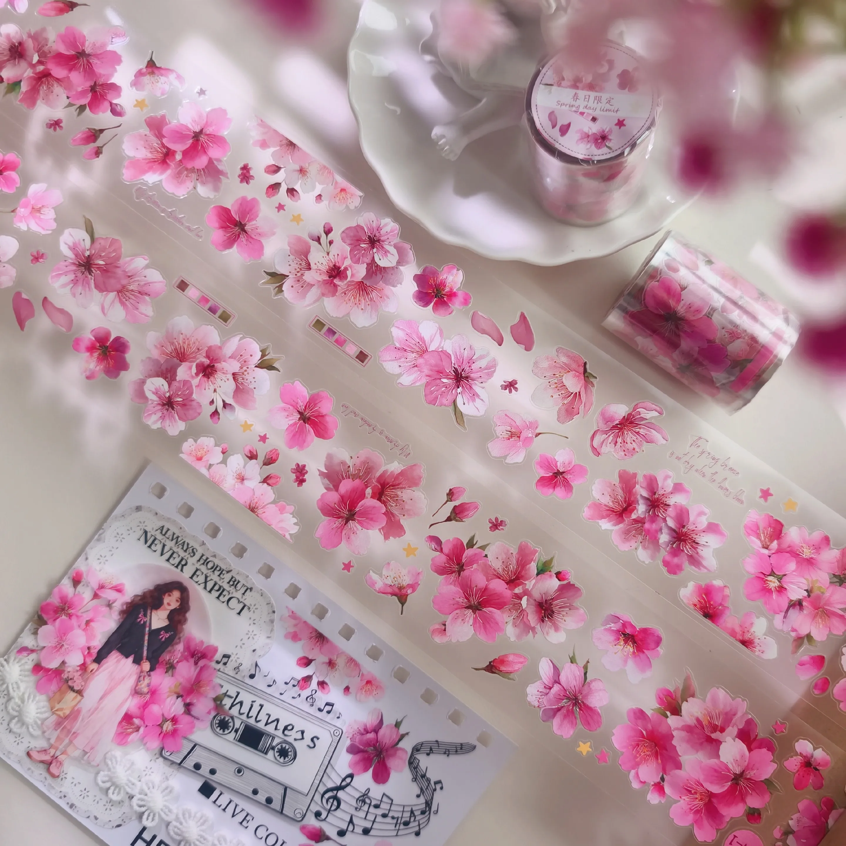 [Spring Limited] PET Cutting Notebook Sticker Light Retro Pink Cherry Blossom Washi Pet Tape