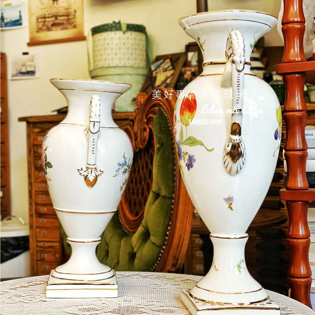 European retro home handmade ceramic large Mason classical style double ear vase