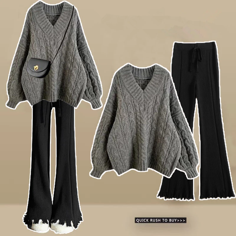 2023 Autumn Winter New Women Mathcing Sets Korean Lady Casual Sweater Black Pants Suits V-Neck Knitted Tops Trousers Outfits