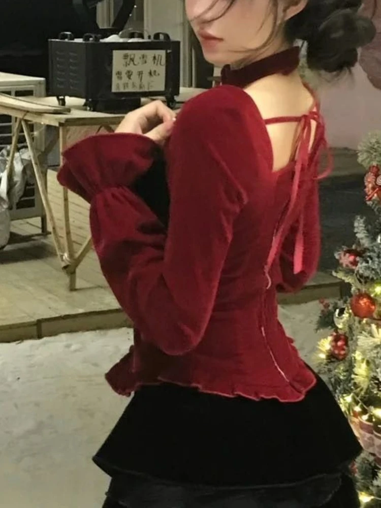 

Christmas Retro New Year 2 Piece Set Women Sexy Velvet Halter Crop Tops + Mini Skirt Female Fairy Sweet Slim Chic Party Outfits