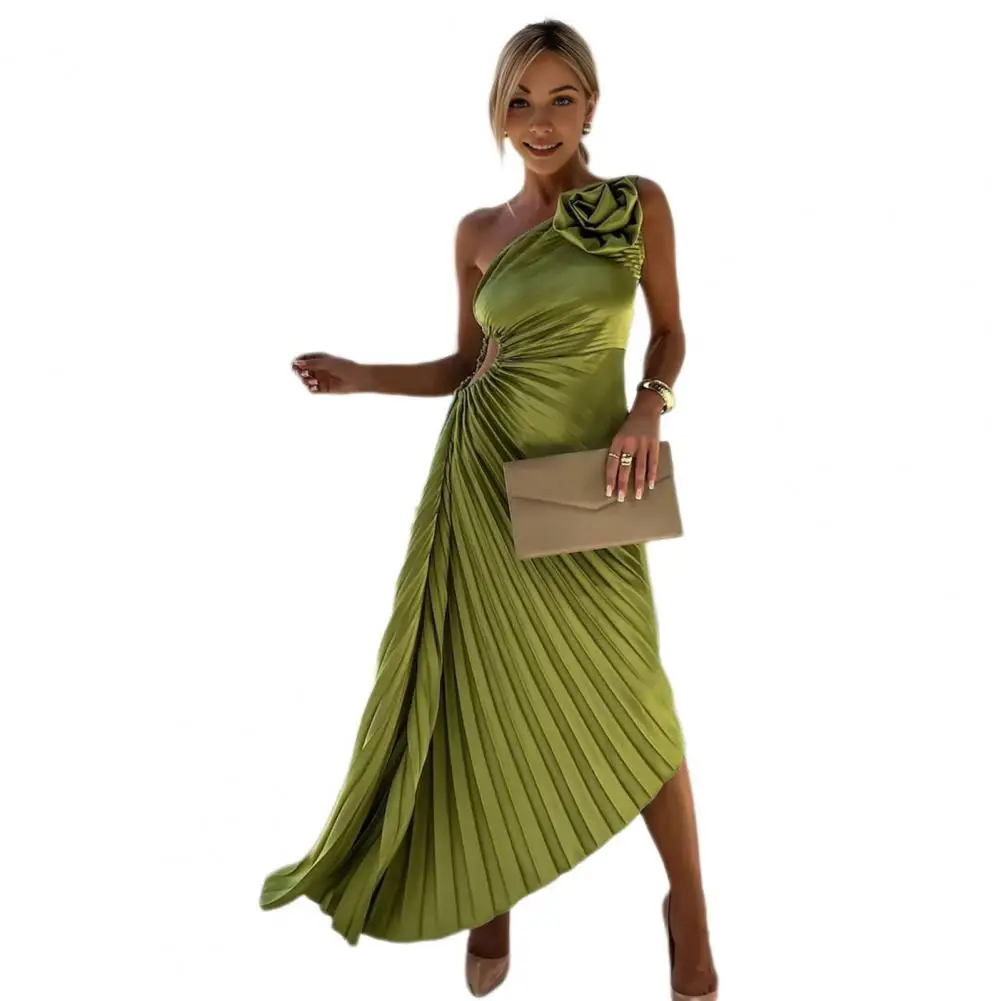 Loose Women Dress One Shoulder Pleated with Floral Embellishments Backless Design for Cocktail