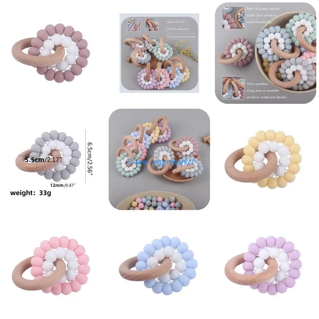090Bเด็กแหวนไม้Teetherสร้อยข้อมือซิลิโคนเกรดอาหารลูกปัดRattle Molar SootherพยาบาลTeething Chewingของเล่น
