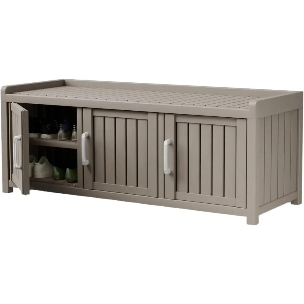 

Shoe Cabinets W/Storage Bench, Adjustable Shelves Indoor Outdoor Use, 3 Door Entryway Bench W/Hidden Cabinet for Bedroom Hallway