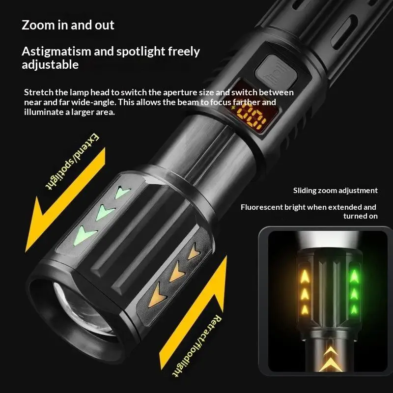 Multi-functional LED Flashlight for Outdoor Enthusiasts Telescopic Zoom Torch with Clear Digital Display