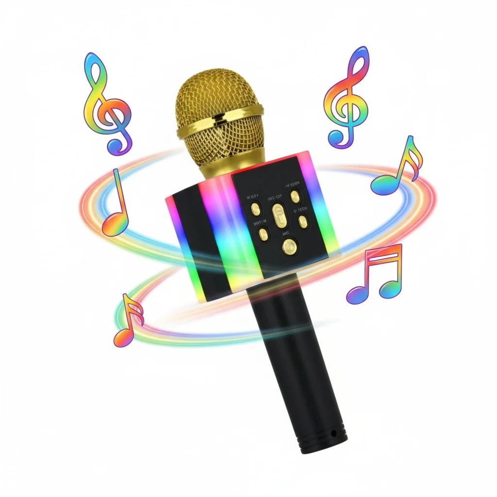 Przenośny bezprzewodowy mikrofon do karaoke z głośnikiem Bluetooth, HiFi Stereo i oświetleniem LED, obsługuje radio FM, duża bateria, idealny na imprezy.