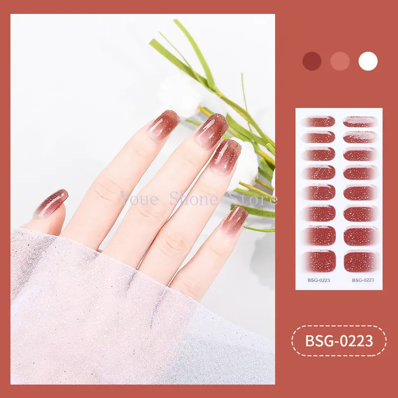 16 Strips Semi Cured Gel Nail Stickers Set for UV Lamp Full Cover Solid color Manicure DIY Women Fashion Gel Nail Patch