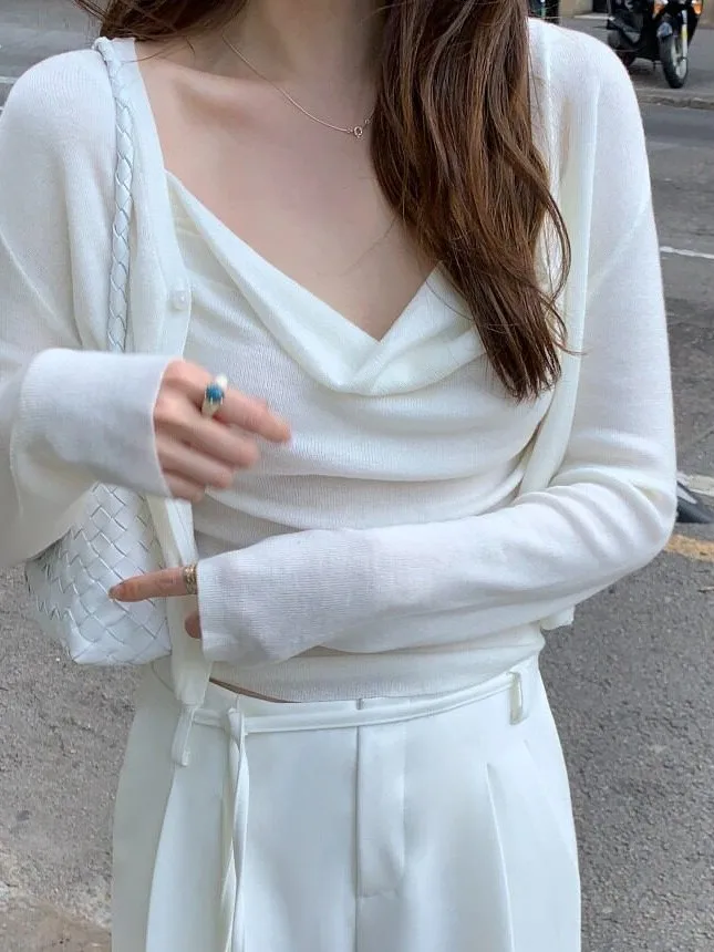 Spring Chic Pure Color Versatile Sexy Open Cardigan + Strap Top Two-Piece Set Breathable Comfortable Casual Fashion Women's E...