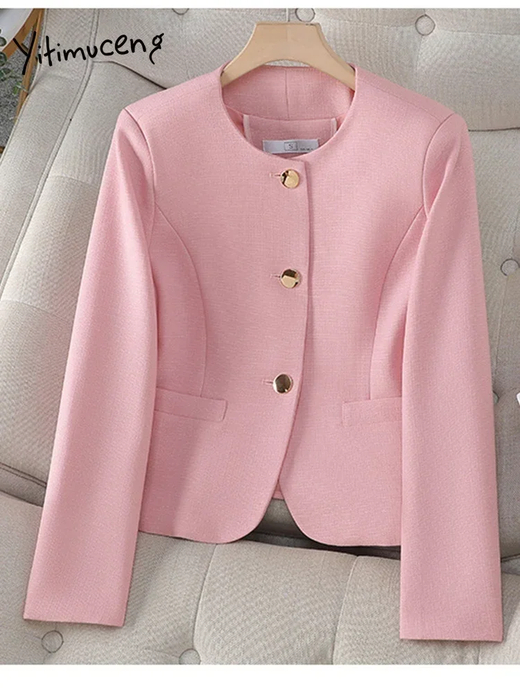 Yitimuceng rosa moda blazers feminino botão manga longa jaquetas casuais único breasted bolsos sólido fino escritório blazers casacos