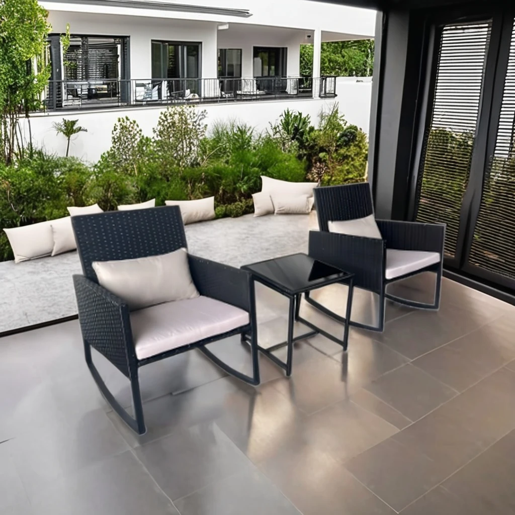 

Modern 3-Piece Outdoor Garden Patio Bistro Set Metal Frame Aluminum Rocking Chair Furniture Adults PE Material Park Villas