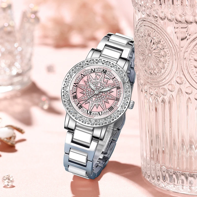 GUANQIN Luxury Women's Quartz Watch Rotating Snowflakes Luminous Hands Leisure 30M Waterproof Watch for Lady for Gifts