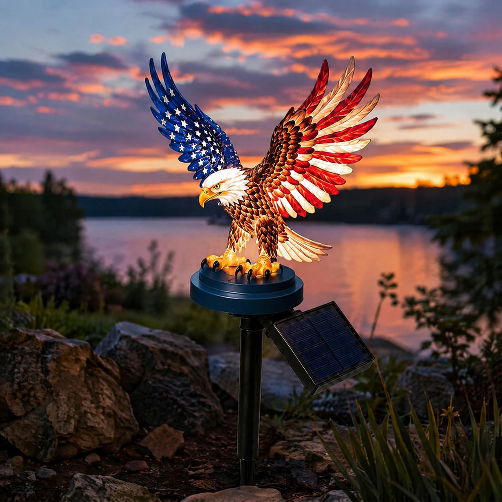 Solar Powered LED Garden Eagle Lamp 9.84in Patriotic Memorial Day Light Decor for 4th of July Decorations Outdoor Memorial Day