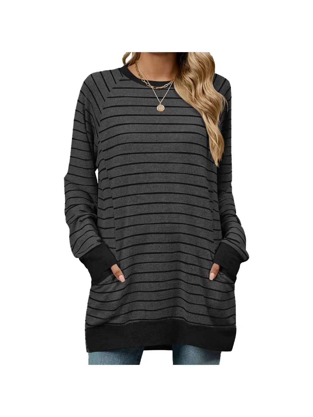 Women Long Sleeve Sweater Shirt Pockets Tops Round Neck Stripe