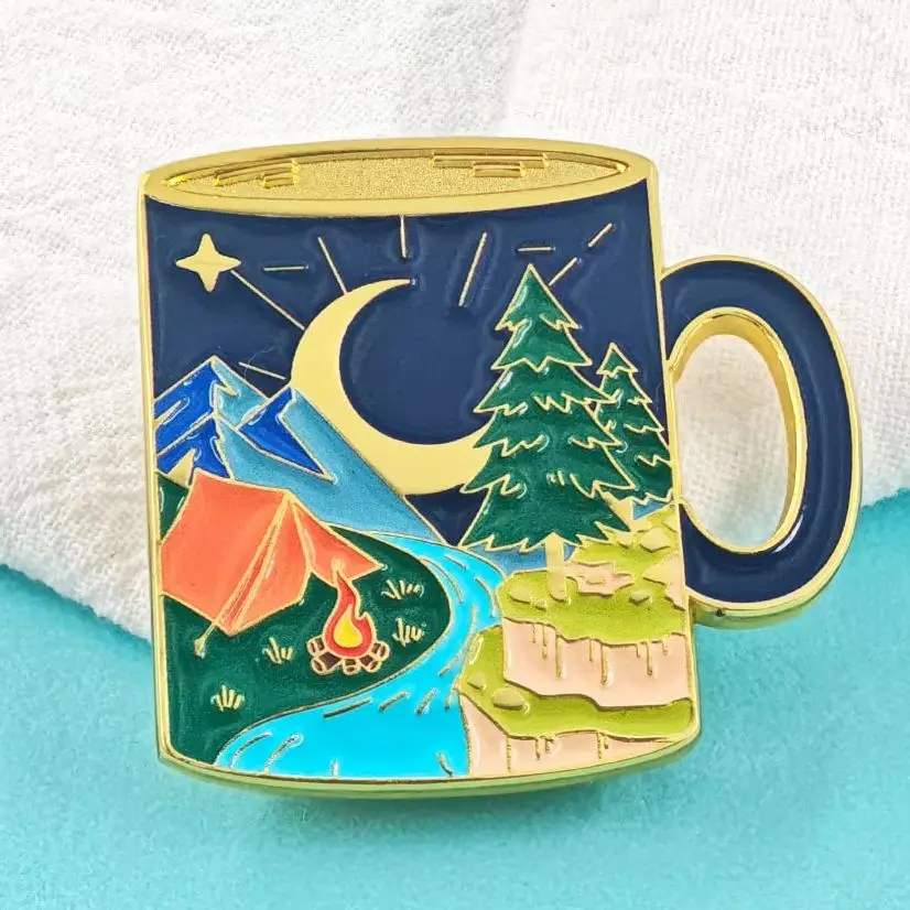 Cute Camping Mug Enamel Pins Coffee Cup Brooches Mountain Nature Landscape Campfire Crescent Moon Lapel Badges Outdoor Jewelry W