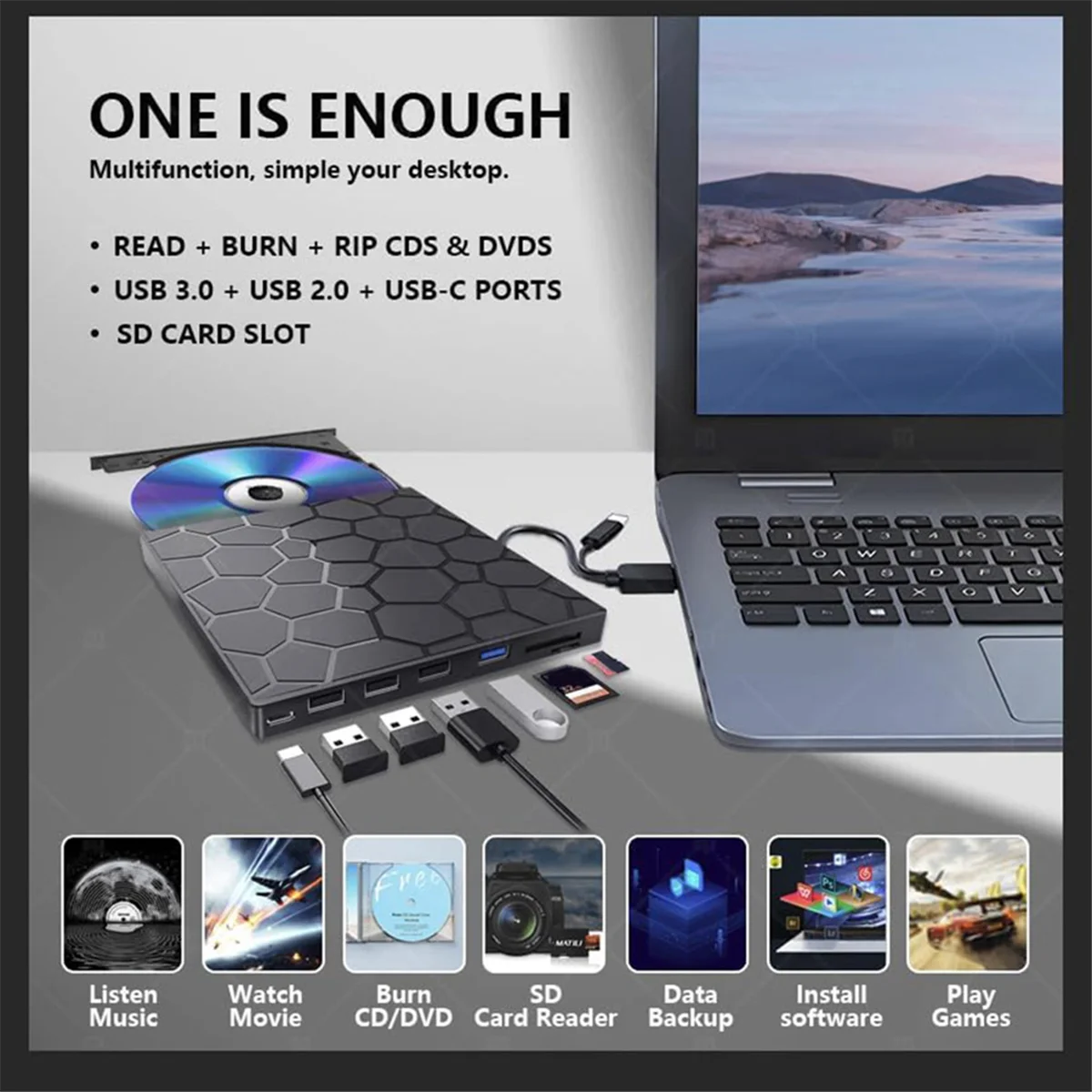 

A52TExternal CD/DVD-плеер, 7 в 1 USB 3.0 CD/DVD-ROM +/-RW CD-рекордер для ноутбука, настольного компьютера Mac, Windows 11/10/8/7 Linux