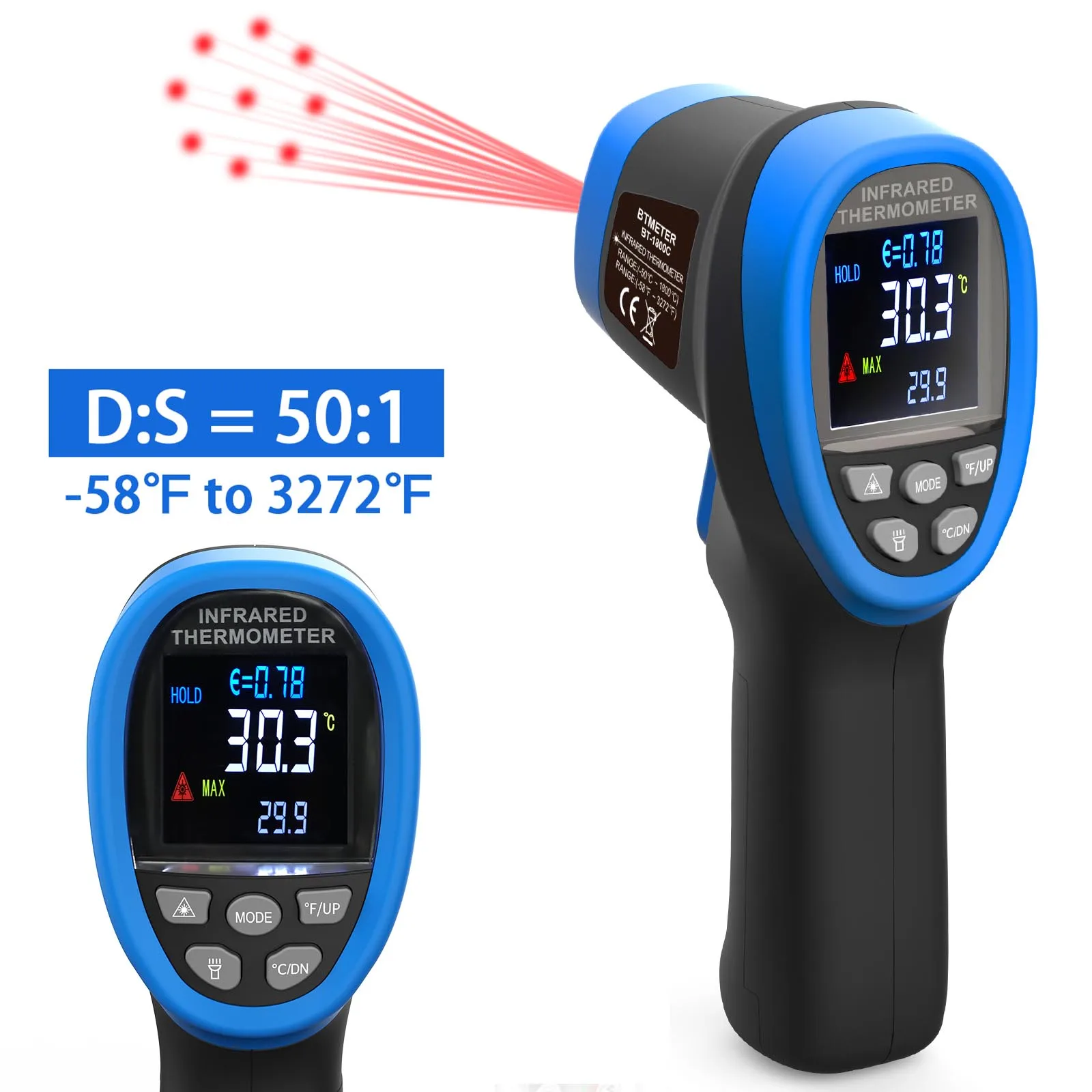 

Non Contact Laser IR Temperature Gun -50 to 1800℃ Industrial Pyrometer with Flashlight Laser Positioning Temp Alarm Function