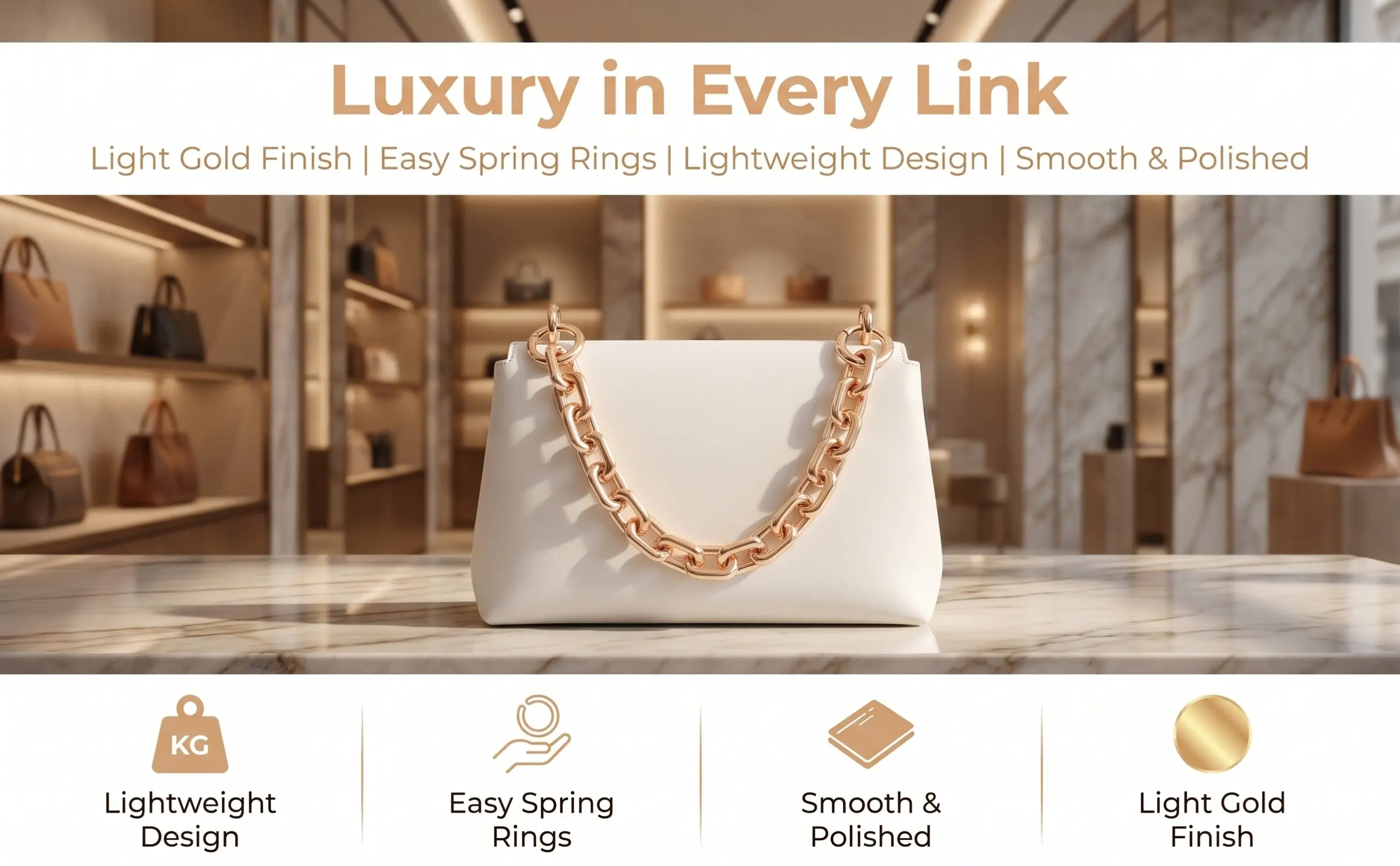 1Pcs Purse Chain Short Thick Metal Bag Chain Light Gold Spring Hook Shoulder Strap Replacement Handbag Accessory