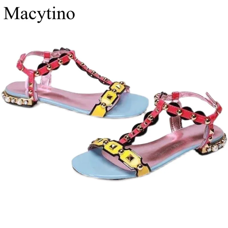 Studded Pearl T Strap Design Ladies Sandals Round Toe Chunky Heel Low Heel Sandals Fashion Party Sandals