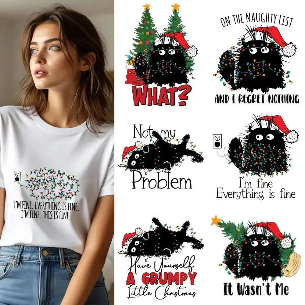25CM Cute Christmas Colored Lights Black Cat Transfer Patches For Clothes DIY A-Level Washable Shirt Iron-on Thermal Stickers