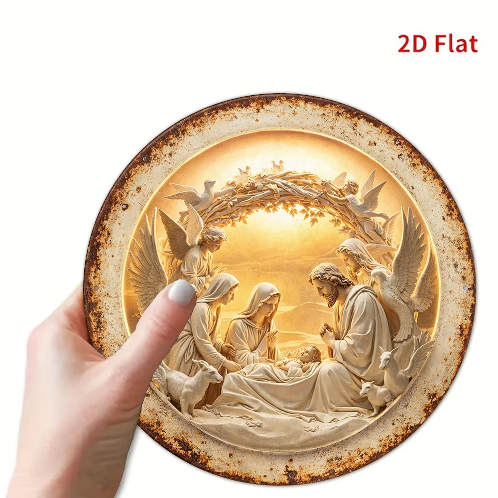 2D Vintage Metal Sign, Round Aluminum Nativity Scene Plaque, Religious Art Decor for Wall, Home Church Gift