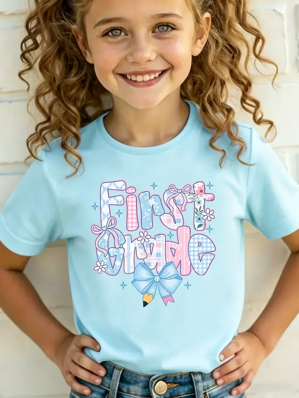 First Grade Children's Clothing First Day of School Children's T-Shirt Cartoon Bow Print Tops for Kids Cute Loose Girs Clothes