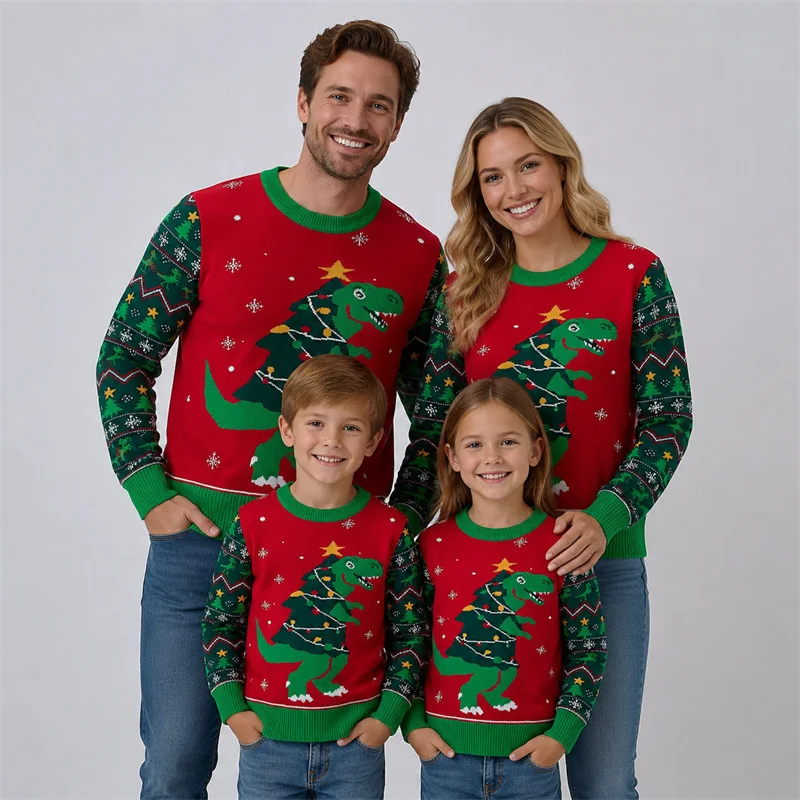 Family Matching Clothes Outfits Christmas Day Fashion Cartoon Print Pullover Dad Mom Kids Comfortable Thrmal Long Sleeve Sweater