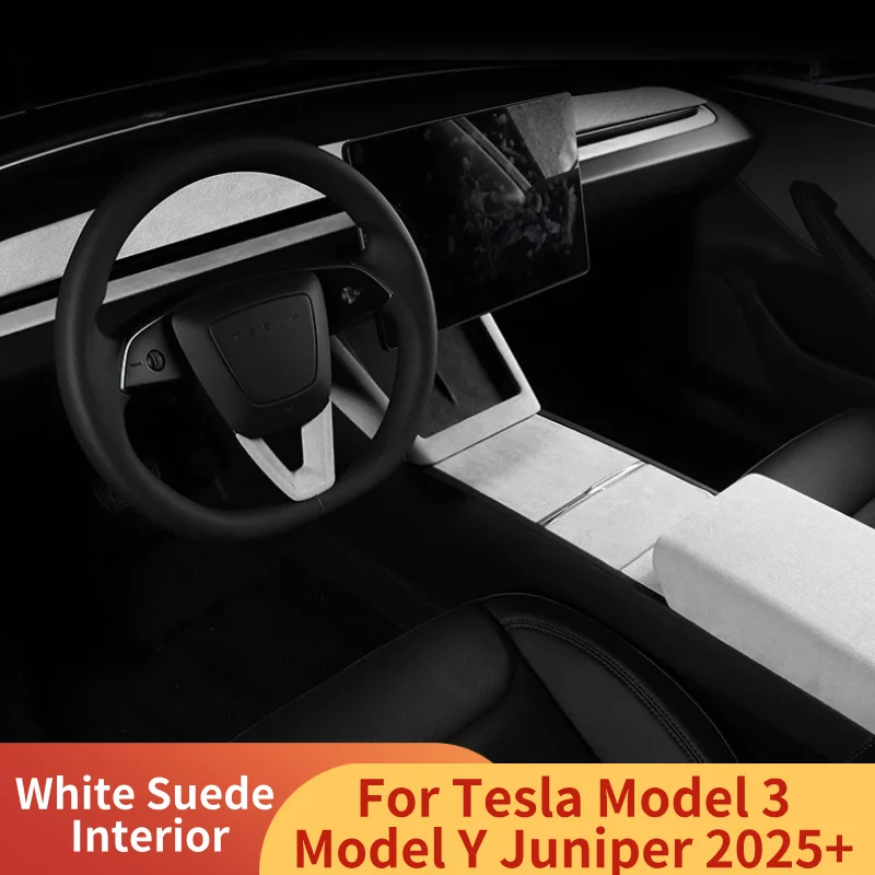

White Suede Interior for Tesla Model 3 Model Y Juniper 2025 Wireless Charging Frame Center Console Panel Sticker Car Accessories
