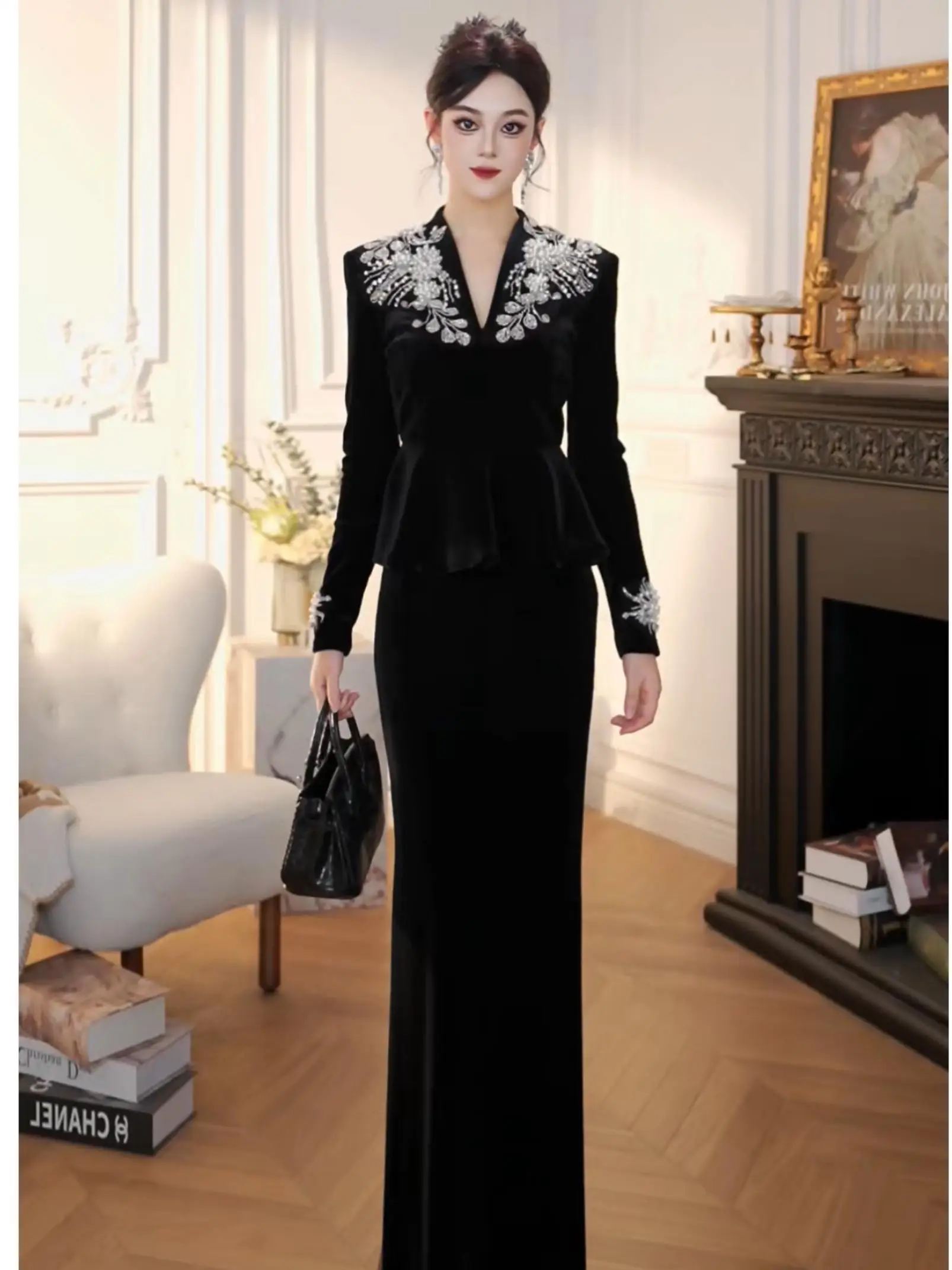 

Ele Velvet High-End V-ne Slimming Dr XUANYAN Luxury Cus-made Midi Dr French Sle Midi Dr with Zipper