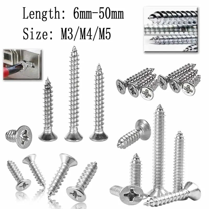 5-100pcs M3 M4 M5 304 Stainlesss Steel Cross Recessed Countersunk Flat Head Tapping Screws Wood Screw