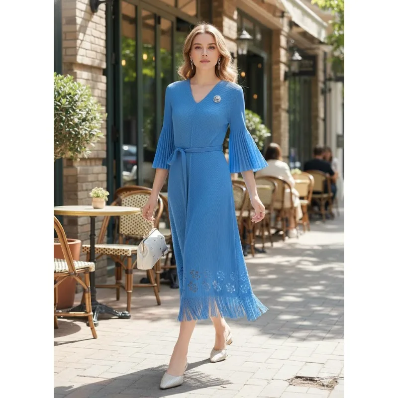 

Miyake плиссированное платье больших размеров, модное платье-скелет с рукавами-трубой и кисточками, новинка весны 2026, темпераментная элегантная тонкая длинная юбка