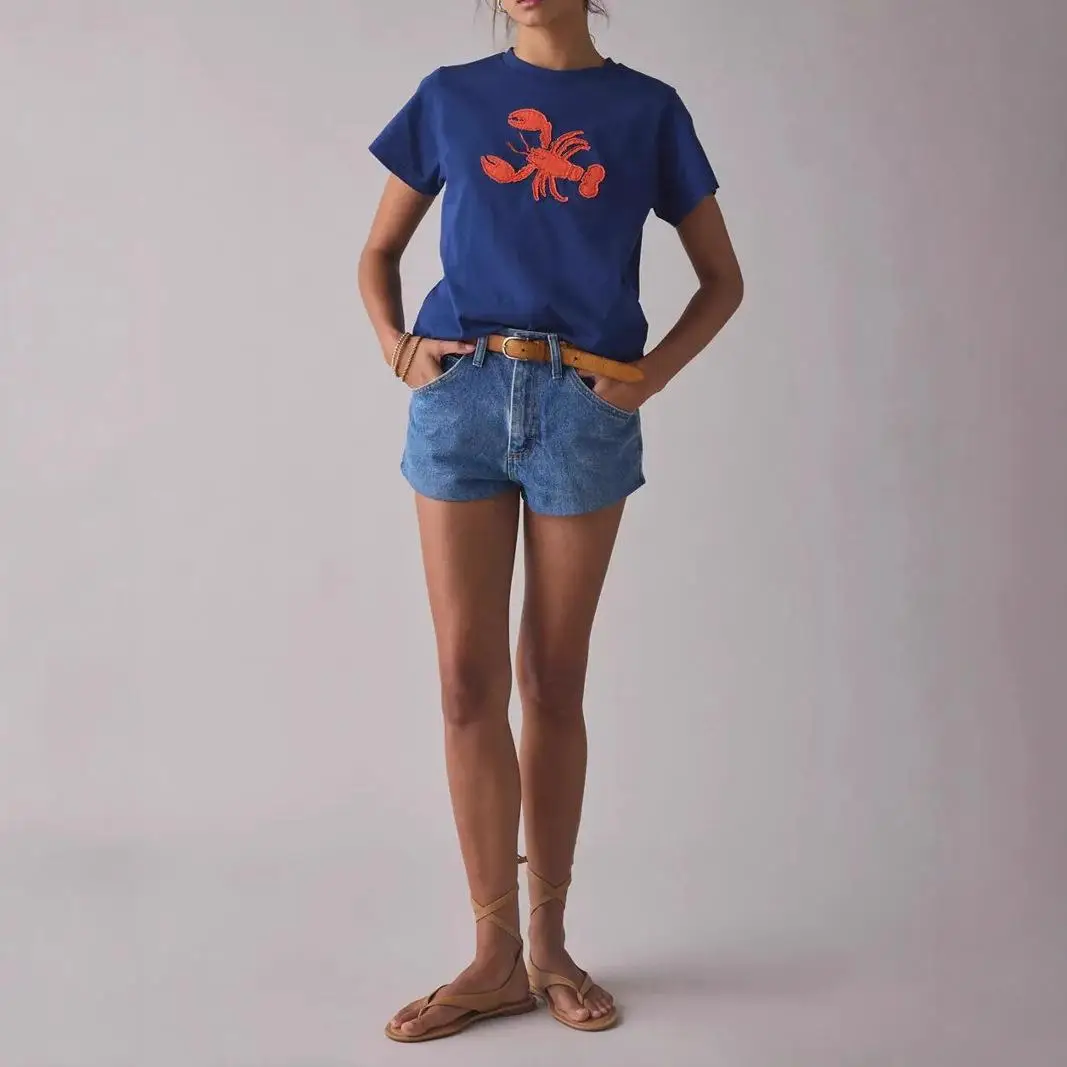 New Summer round Neck Pure Cotton Casual Versatile T-Shirt Ladies Embroidered Lobster Craft Top Quality Women's Fashion