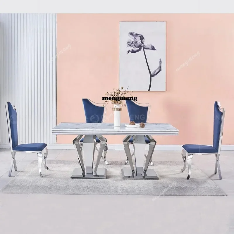 

Современная роскошная мебель, обеденный стол и стул, обеденный набор, 8-местный прямоугольный обеденный стол из нержавеющей стали и мрамора