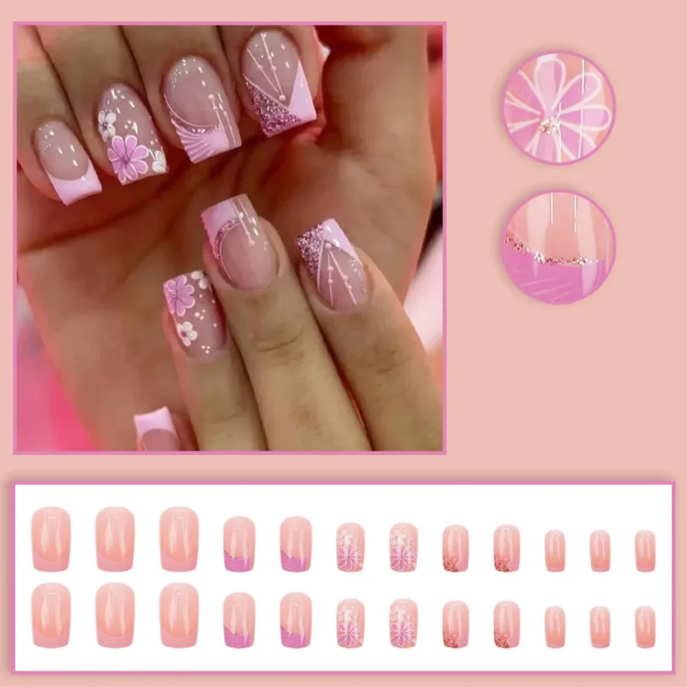 24Pcs Pink French Fake Nail Short Square False Nails with Glitter Flowers Design Press on Nails Wearable Full Cover Nail Tips view 2